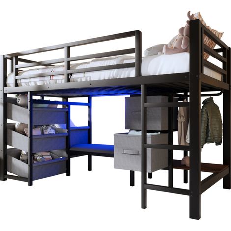 Lit mi-hauteur métal noir 90x200 cm avec LED multicolore, coussin d’assise et rangements (sans matelas) (1/5)