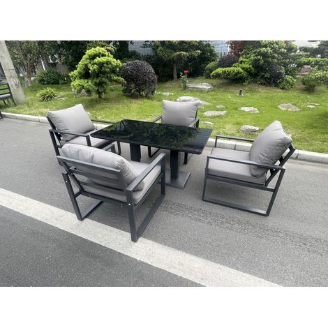 Fimous Aluminum Garden Furniture Dining Set Adjustable Rising Lifting Table And Chairs Patio Outdoor 4 Seat Plus Black Tempered Glass Dark Grey (1/5)