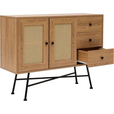 Buffet 2 portes 3 tiroirs 120x40x90 cm décor cannage et chêne (1/5)