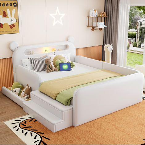 Lit 2 places enfant 140x200 cm blanc en simili cuir avec rangement et veilleuse, USB - CHICFURN (1/5)