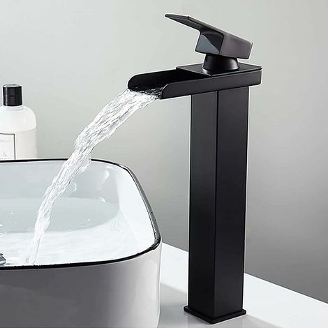 High Waterfall Basin Mixer Tap, Matte Black Rectangular Hot/Cold Adjustable Square Bathroom Faucet for Countertop Basin, Stainless Steel Hand Basin Mixer, Anti-oxidation, Lead-Free (1/5)