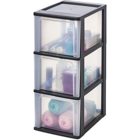 Tour de Rangement Plastique, 3 Grands Tiroirs, Noir, Ouverture Facile, Format A4, A5 (1/5)