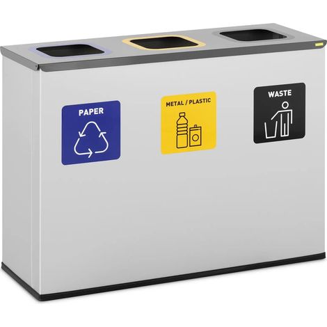 Contenedor de reciclaje de 180 litros con 3 compartimentos acero pintado en plata 140009741