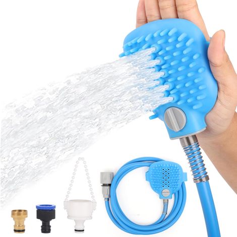 Accessoire de douche pour chien avec jet et brosse - Bain, toilettage et lavage d'animaux en intérieur et en extérieur - Brosse de douche pour animaux avec buse de jardin (1/5)