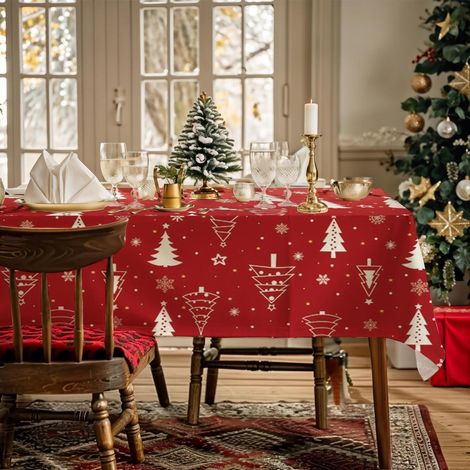 Weihnachts-Tischdecke mit Weihnachtsbäumen und Schneeflocken, wasserdicht, 142x259cm