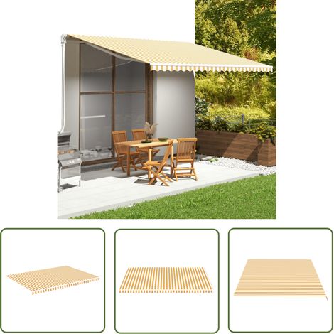 The Living Store Tissu de remplacement pour auvent Jaune et blanc 5x3,5 m - Tissu D'ombrage - Auvent De Jardin - Toile D'extérieur - Parasol De Terrasse - Protection Solaire (1/5)