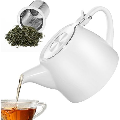 Théière en céramique 500 ml blanche avec infuseur acier inoxydable mailles fines pour infusion parfaite salon cuisine (1/5)