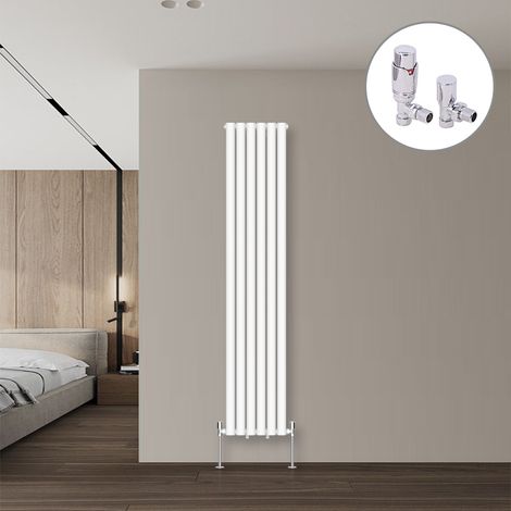 Oval Column Designer Radiator White + Chrome Angled TRV Thermostatic Radiator Valves Vertical 1800x354mm Double Panel (1/3)