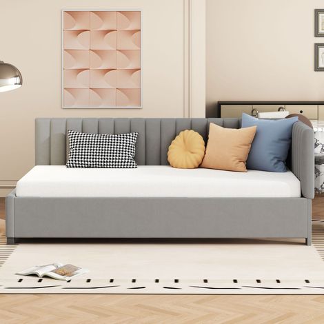 Letto bambini imbottito 90x200 cm con rete a doghe e braccioli, in velluto, senza materasso, grigio (1/5)