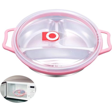 Microwave Plate with Lid 1300 m Stainless Steel Plate for Microwave and Freezing Food with 3 Compartments Lid with Ventilation BPA Free 22 x 5 cm (Pink) (1/5)
