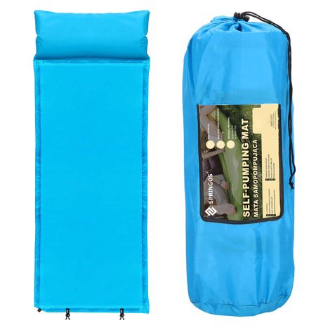 Selbstaufblasende Matratze 186 cm mit Kissen und Bezug, blaue Campingmatte