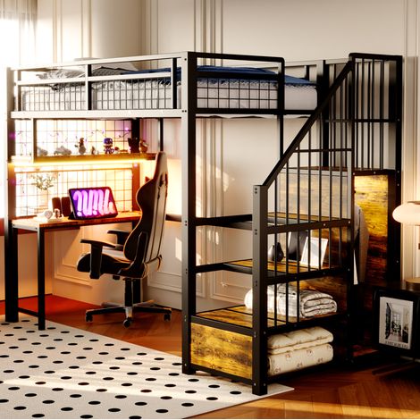 letto salvaspazio 90x200 con scrivania e scale nero HAVRYA (1/5)