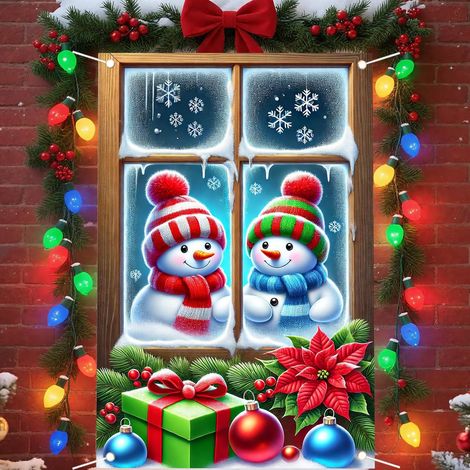 Bannière de Noël à suspendre à la fenêtre, décoration festive, toile de fond bonhomme de neige et Père Noël pour les fêtes de fin d'année - 80 x 120 cm (polyester) - 10