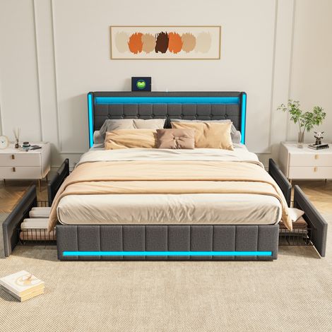 FOERPL-Gepolstertes Doppelbett 180 x 200 cm mit LED-Beleuchtung und USB-/Typ-C-Anschluss, gepolstertes Bett mit 4 Schubladen, gestepptes 2-Personen-Bettgestell mit Lattenrost, Betten für Erwachsene
