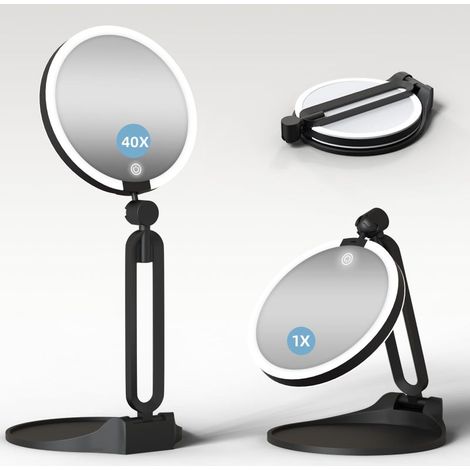 Beyamis Miroir maquillage LED 15cm - Double face 1X-40X 3 couleurs USB-C pliable (1/5)