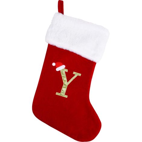 Chaussette De Noël - Velours Rouge - Bordure Pluche Blanche - Personnalisable Lettre A À Z - 20 Pouces - Décoration Intérieure Pour Cheminée Arbre Et Maison