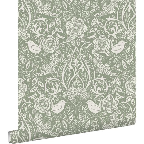 Papier peint à motif fleurs et oiseaux art nouveau vert grisé – Dimensions 53 cm x 10,05 m – Raccord droit – Pose facile sans table à tapisser – Estahome (1/5)