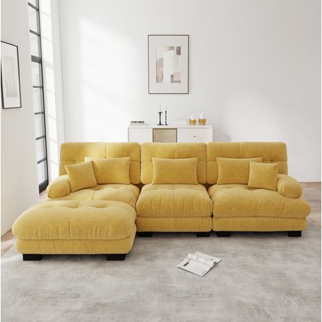 Canapé d’angle modulaire 313x145x81 cm en chenille jaune, avec ottoman, pour salon – MEUBLIV (1/5)