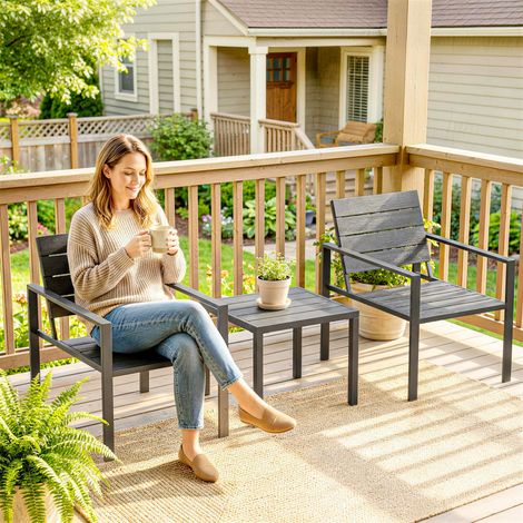 Ensemble jardin 3 Gris pièces 2 chaises extérieures table basse hdpe/métal foncé