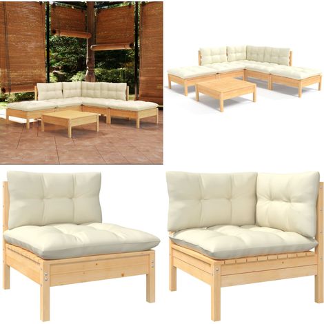 6-tlg. Garten-Lounge-Set mit Creme Kissen Kiefernholz - Gartensessel - Lounge Set - Gartenmöbel - Outdoor Möbel - Rattan Sessel - Home & Living (1/5)