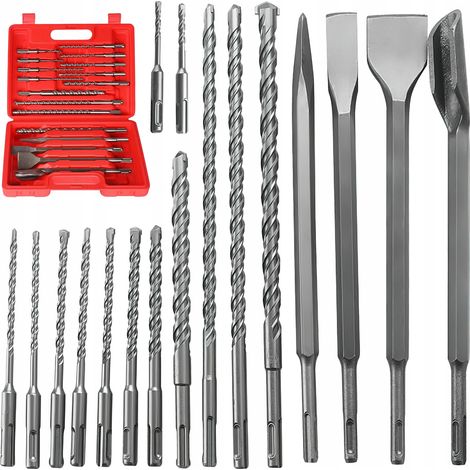 Ensemble de 17 forets SDS+ pour béton – Burins pointus et plats – Coffret de transport – Pour perçage et burinage (1/5)