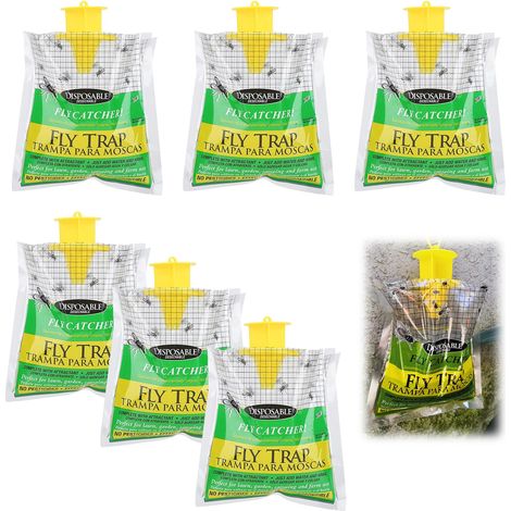 Juego de 6 trampas para moscas, repelente de moscas para exteriores, trampa desechable para moscas, con cebo para moscas, bolsa colgante para trampa de moscas, bolsa para moscas para balcón, terraza,  (1/5)