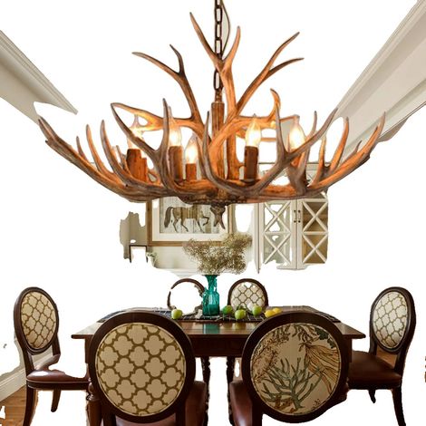 Chandelier, Design en Bois de Cerf, Éclairage LED, 6 (1/5)
