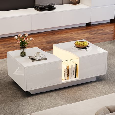Mesa de centro MDF blanco brillo con LED y 2 cajones, 100 x 50 x 35 cm (1/5)
