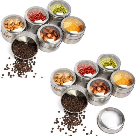 12 tarros magnéticos de especias de acero inoxidable (90 ml) para sal, pimienta, especias, comida de barbacoa y uso en la cocina. (1/5)