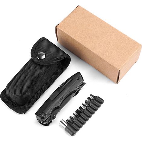 Couteau pliant multifonction avec pinces antirouille, ouvre-bouteille, poinçon, tournevis à embouts, noir, portable (1/5)