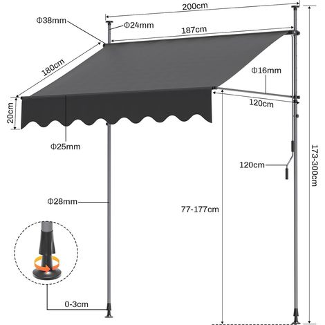 Retractable Awning Patio Telescopic Awning Sun Shade Canopy Garden Shelter No-Drill,(2 x 1.2m,Grey) (1/5)