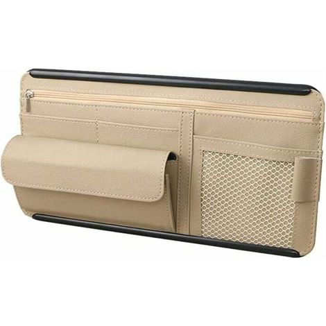 Synthetic leather car sun visor organizer for cards, glasses, multiple pockets (beige) (1/4)