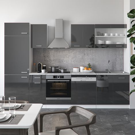 Mueble de cocina R-Line, Antracita brillo intenso/blanco, 300 cm , ET Mármol, Vicco