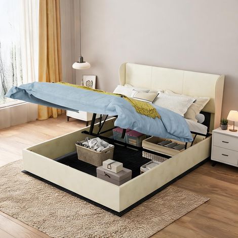Tête de lit beige en tissu métal 200 x 140 x 156 cm (1/5)