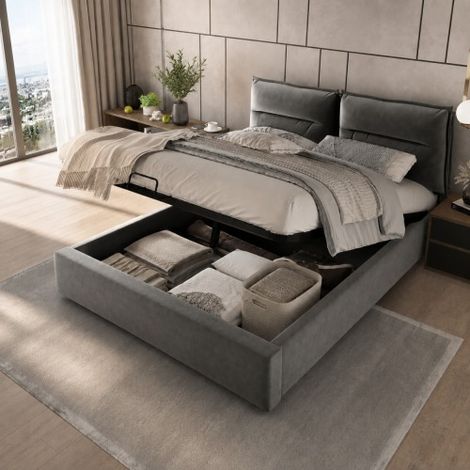 Letto matrimoniale imbottito idraulico 140x200 cm, testiera regolabile, letto con struttura in metallo e rete a doghe, velluto, struttura letto moderna con vano contenitore, ampio vano contenitore, gr (1/5)