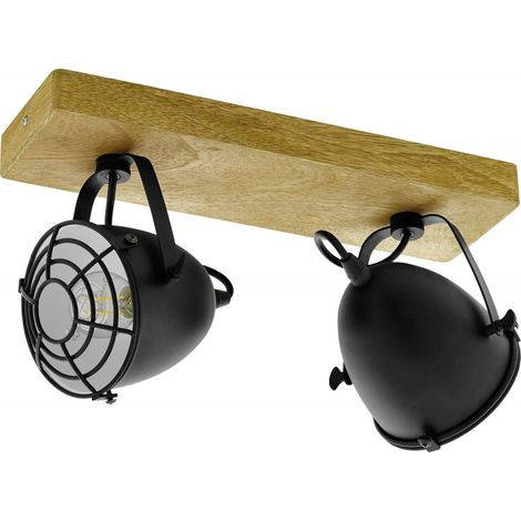 Deckenlampe Spotleuchte Wohnzimmerlampe Deckenleuchte Esszimmerlampe, Metall schwarz Gitter Holz natur, 2 Flammig E14 Spots beweglich, L 36 cm