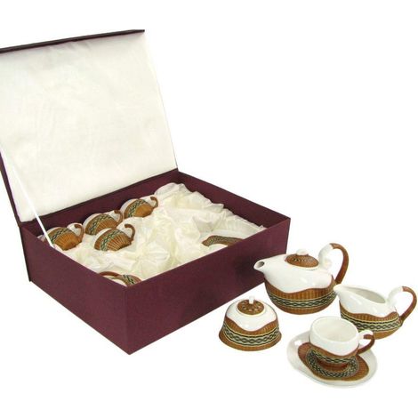 Set Tazze The 9 Pezzi con Teiera e Lattiera in Porcellana Decoro in Bambù Noce (1/2)