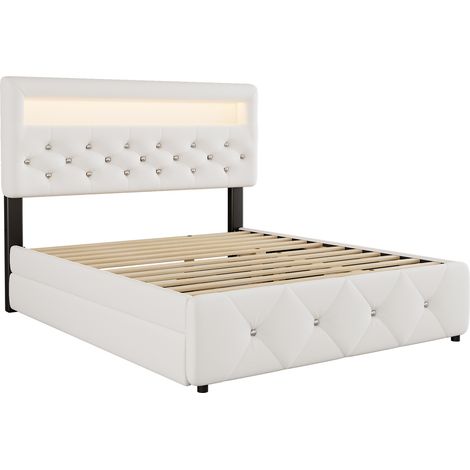 Gepolstertes Doppelbett 140 x 200 cm mit Ausziehbett und 2 Schubladen, LED, Weiß (1/5)