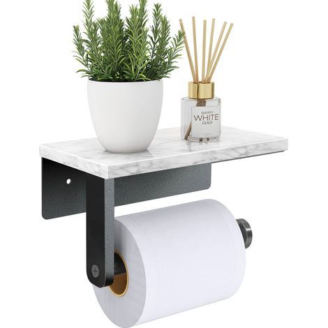 Marble Toilet Paper Holder with Shelf, 304 Stainless Steel Screws Wall Mounted, Tissue Roll Holder for Bathroom Toilet, Matte Black (1/5)