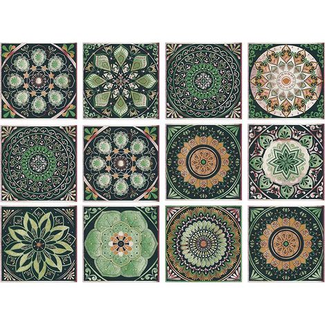 Adesivi per piastrelle verdi resistenti agli schizzi, 15 cm x 15 cm, con motivo mandala, per decorare cucine e bagni (24 pezzi). (1/5)