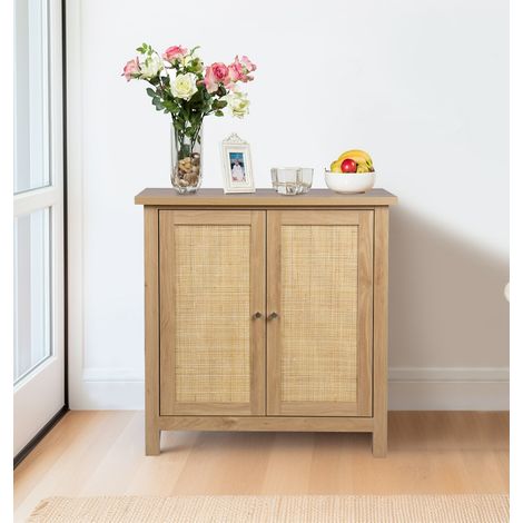 Hallowood Furniture Newquay Oak Effect Cupboard with Rattan Front, Small Wooden Storage Cabinet for Bedroom & Hallway, Kitchen Storage Cabinet, Living Room Cupboard Storage (1/5)
