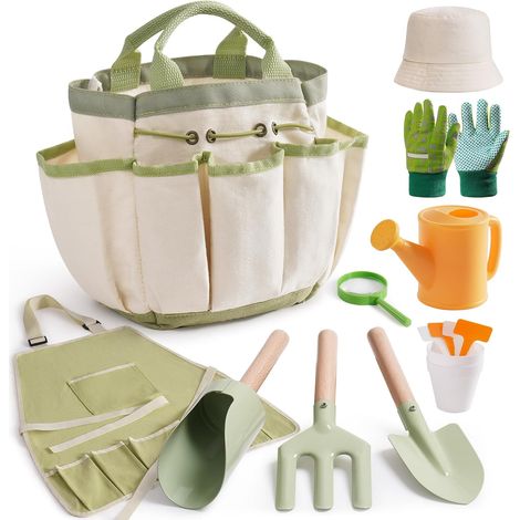 Ensemble d'outils de jardinage pour enfants, kit d'outils de jardin de 18 pièces pour tout-petits avec arrosoir, gants, tablier et chapeau, sac à outils et ensemble en métal (1/5)