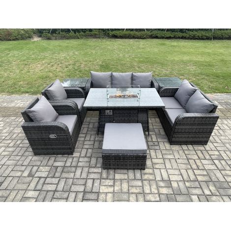 Fimous 8-Sitzer Polyrattan Gartenmöbelset Gasfeuerstelle Esstisch und Sofa Sessel set mit 2 Beistelltischen 2 Großer Hockern (1/5)