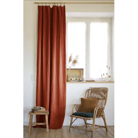 Rideau ajustable + 8 anneaux pince 140 x 270 cm lin lavé français luxe soline Paprika (1/4)