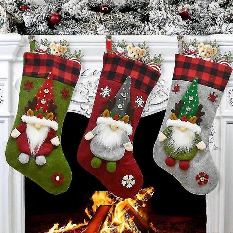 Decoraciones navideñas, 3 pares de calcetines navideños clásicos grandes de 45 cm con Papá Noel y personajes navideños para fiestas navideñas familiares. (1/5)