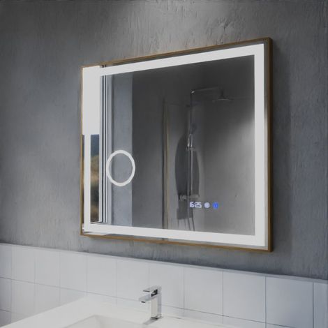 Miroir lumineux rond contour cuivré CARA 80 cm - antibuée, horloge et loupe (1/5)