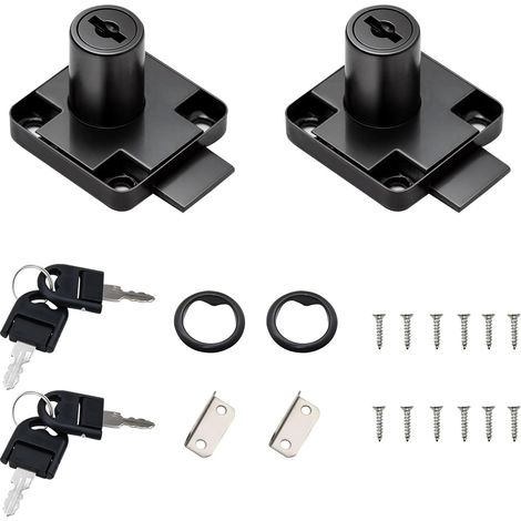 Lot de 2 verrous de tiroir de bureau noir avec 4 clés universelles, vis à base carrée, serrure de sécurité fixe pour meubles, porte de meubles, boîte aux lettres, vitrine en verre