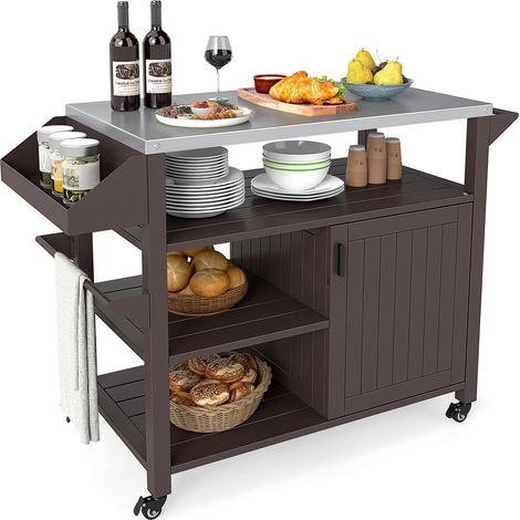COSTWAY Carrello per Grill da Esterno, Carrello in Metallo con Armadietto, Ruote Bloccabili Universali, Ripiani e Piano in Acciaio Inox, Isola da Cucina per Barbecue, Festa e Campeggio (1/5)