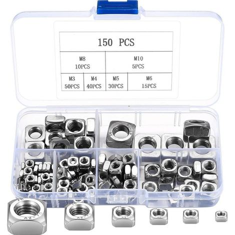 Ensemble de 150 écrous carrés en acier inoxydable, écrous à filetage carré, écrous de fixation, lot d'écrous encastrés pour meubles en bois M3 M4 M5 M6 M8 M10 (Argent) (1/5)