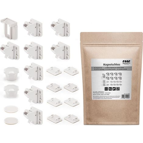 reer Serratura magnetica  8 pezzi in sacchetto di carta  sicurezza magnetica per bambini  sicurezza per armadi e cassetti da incollare  sicurezza per neonati e bambini  attrezzatura iniziale (1/5)